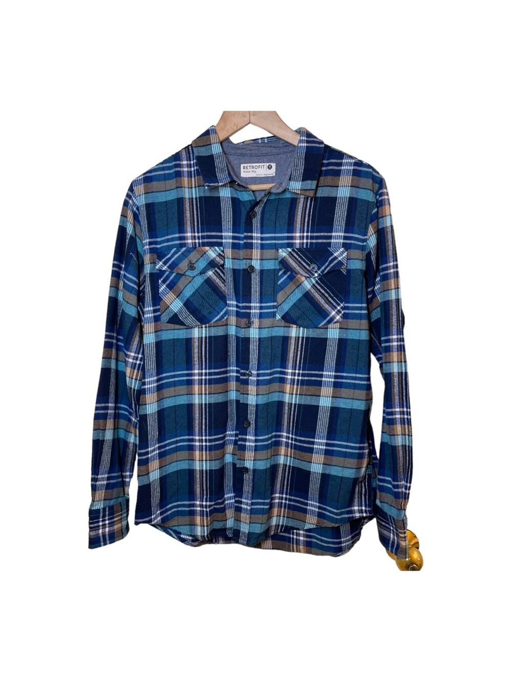 Retrofit Mens Plaid Flannel Shirt Blue Medium Long Sleeve Button Down
